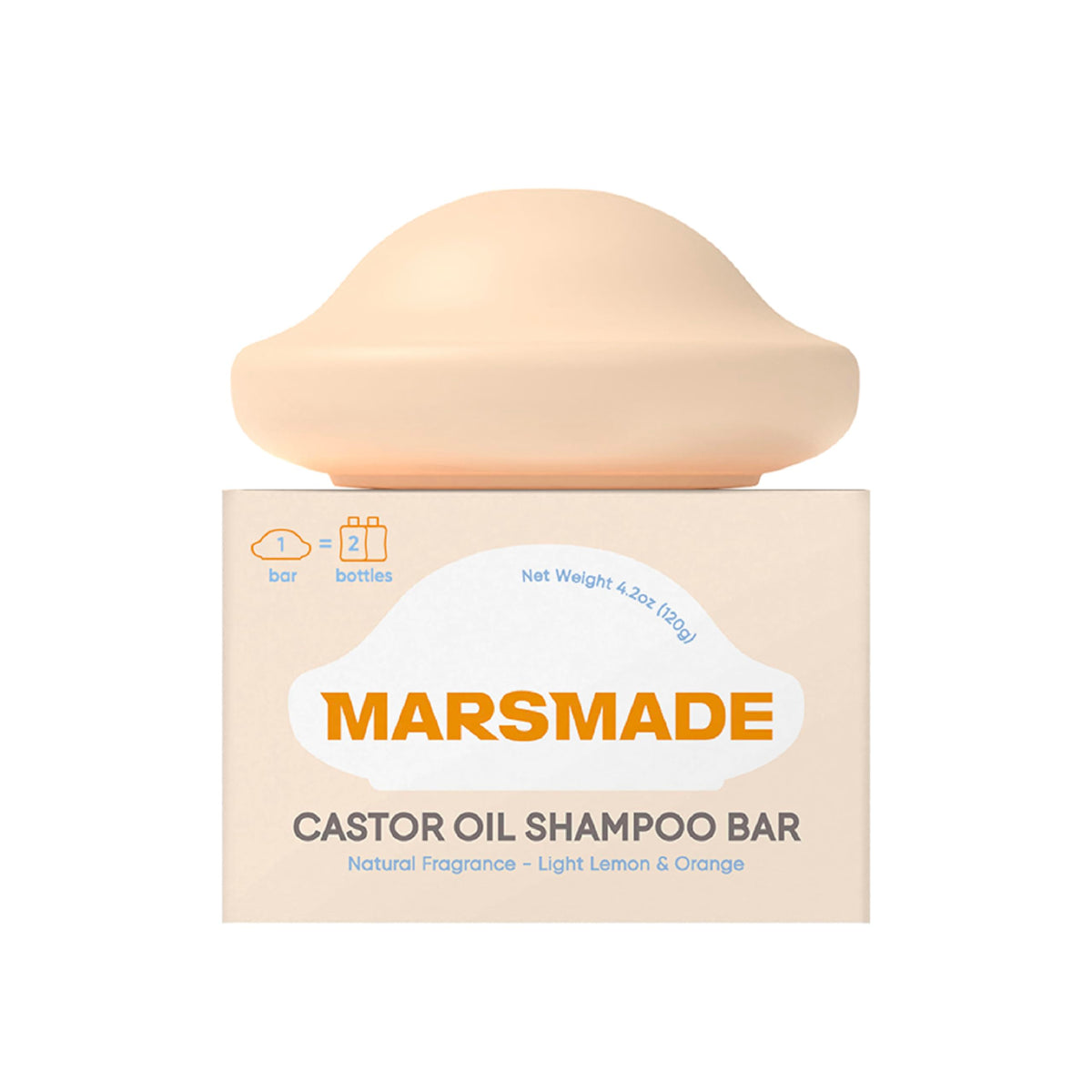 Mars Made Castor Oil Shampoo Bar packaging shows sustainable, bottle-free design for eco-conscious hair care.