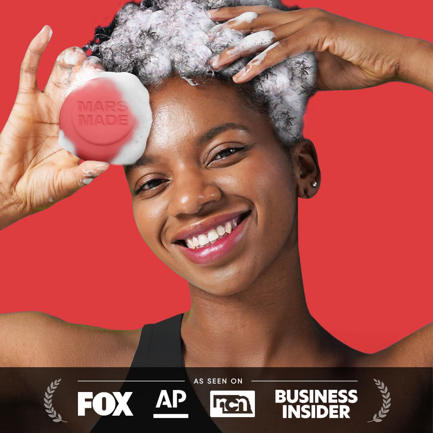 MARS MADE Red Bean Shampoo Bar dramatic hair-tendril image suggests lasting silk finish.