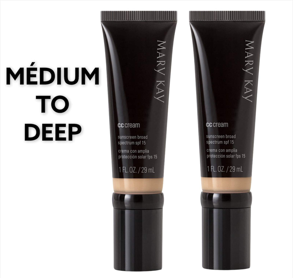 Mary Kay CC Cream SPF 15 tube in medium-deep shade for lightweight daily coverage.