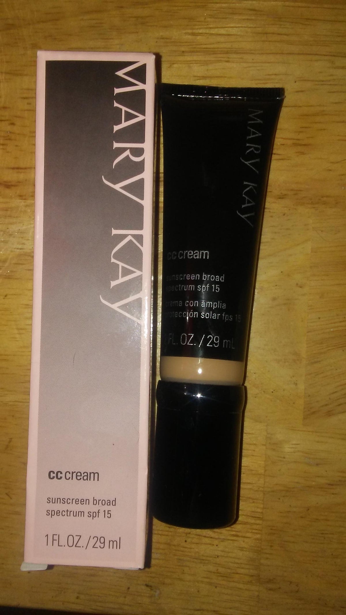 Mary Kay CC Cream Sunscreen SPF 15 packaging shown for lightweight coverage and SPF protection.