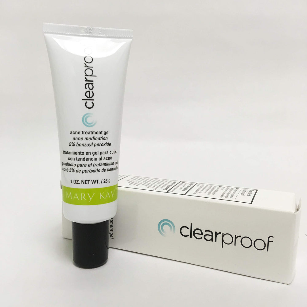 Mary Kay ClearProof gel label highlighting 2% salicylic acid for acne control.