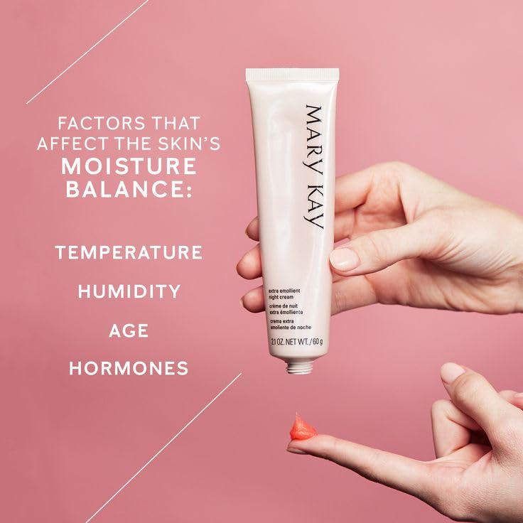 Mary Kay Extra Emollient Night Cream texture shows a creamy overnight moisturizer.
