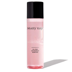 Mary Kay Oil-Free Eye Makeup Remover bottle close-up highlights dual-phase formula for sensitive eyes.