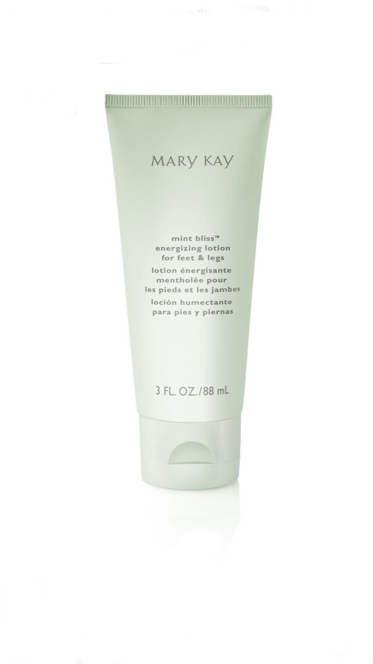 Mary Kay Private Spa Mint Bliss Energizing Lotion bottle cools and refreshes feet and legs.