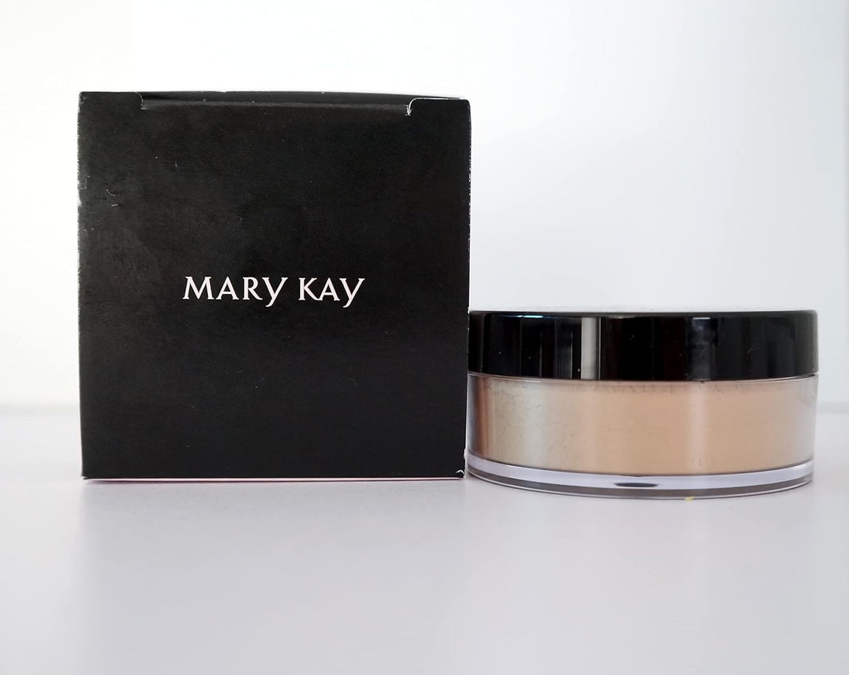 Mary Kay Silky Setting Powder bottle close-up shows silky texture for shine control