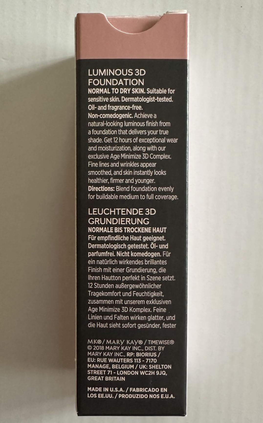 Closeup of Mary Kay TimeWise Luminous 3D foundation bottle to show smooth texture
