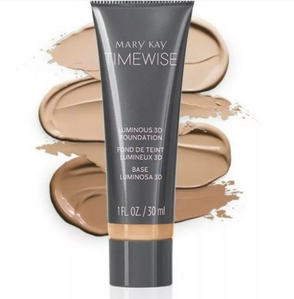 Mary Kay TimeWise Luminous 3D Foundation Ivory N160 bottle close-up for natural skin-like finish.
