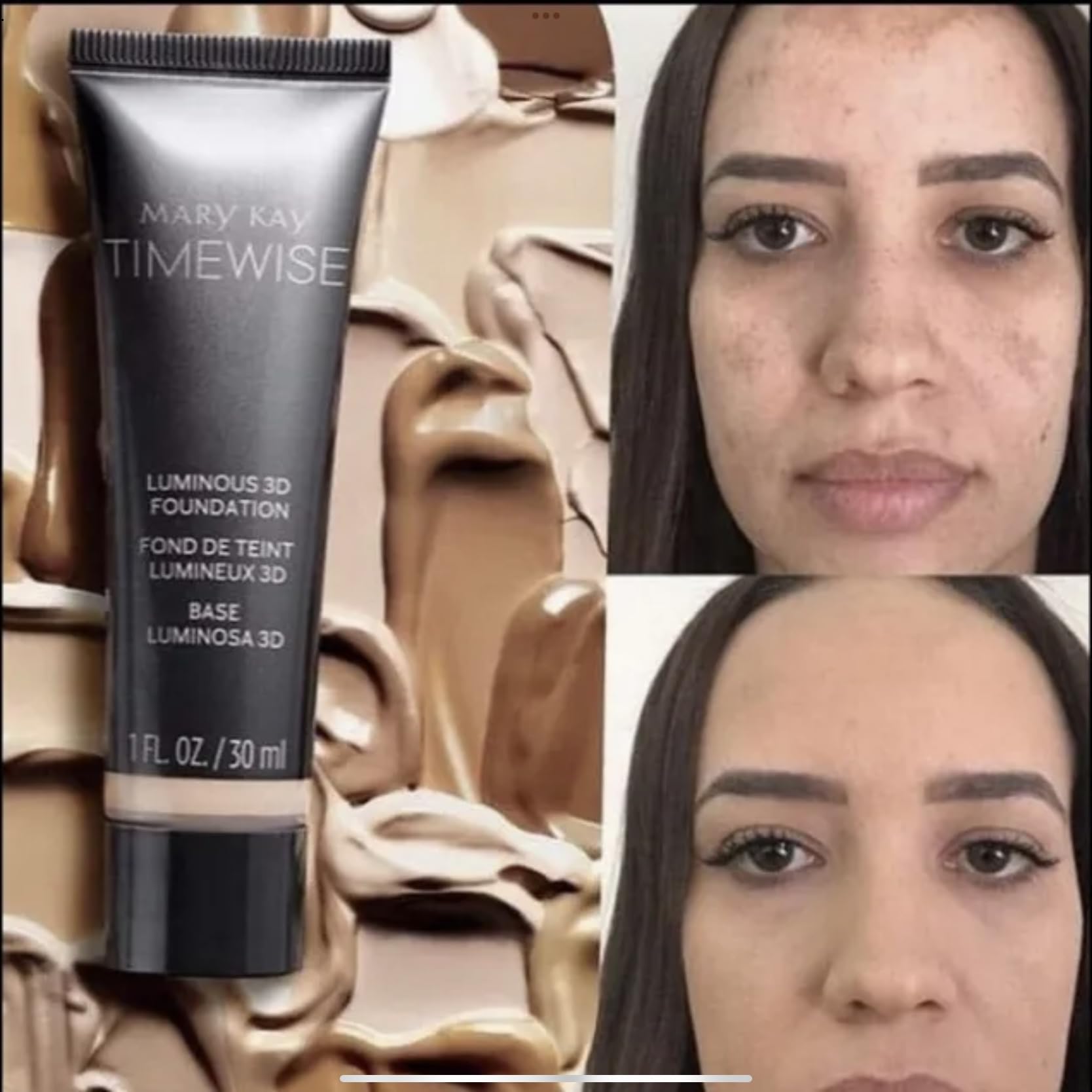 Mary Kay TimeWise Luminous 3D Foundation Ivory N160 on face with radiant natural finish.
