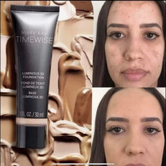 Mary Kay TimeWise Luminous 3D Foundation Ivory N160 on face with radiant natural finish.