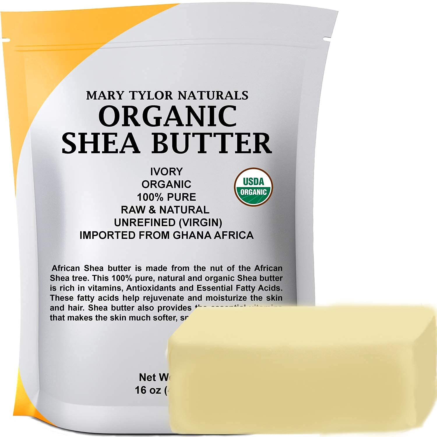 Mary Tylor Naturals Organic Shea Butter 1lb label closeup for premium quality moisturizing