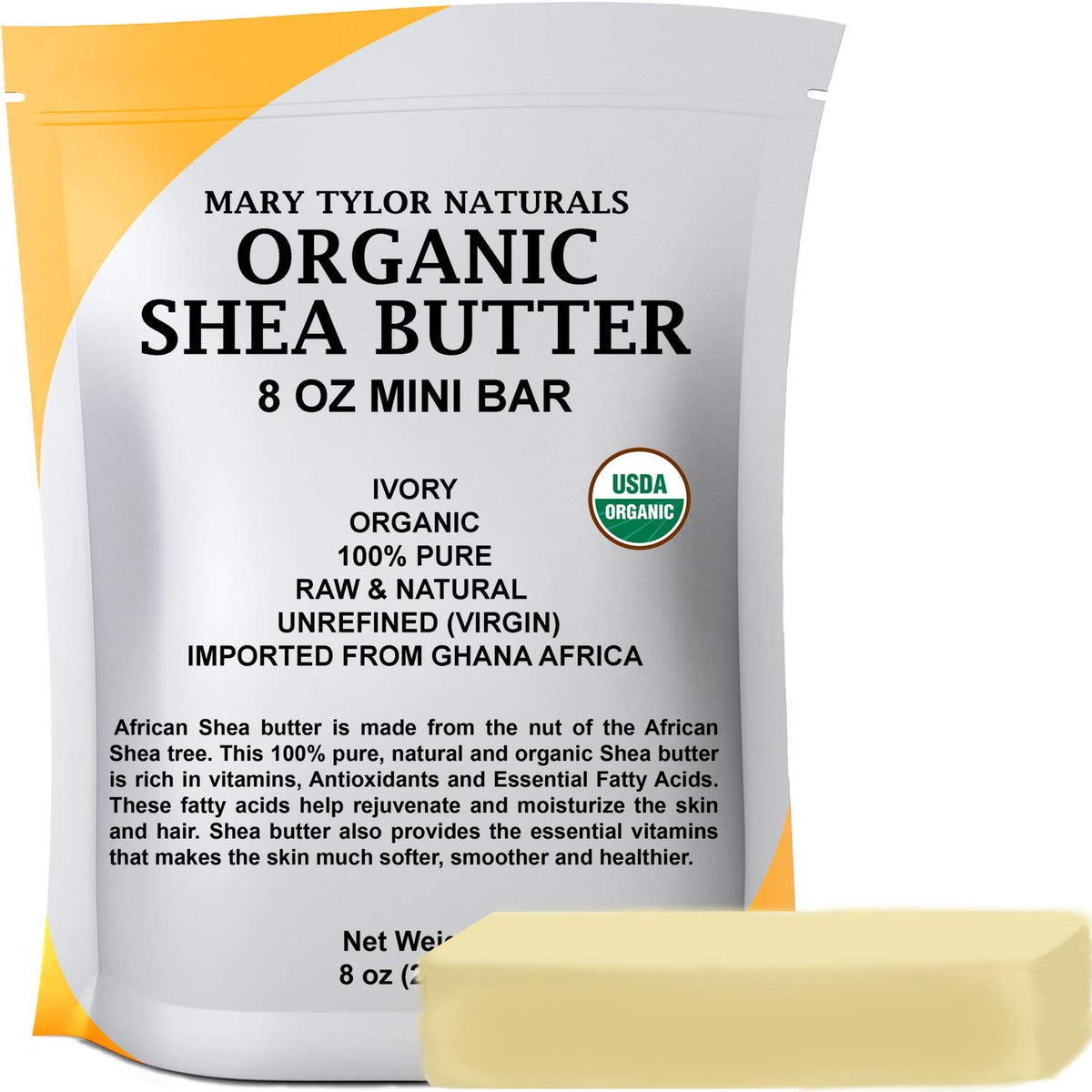 Mary Tylor Naturals Organic Shea Butter 8 oz jar closeup for rich skin moisture.
