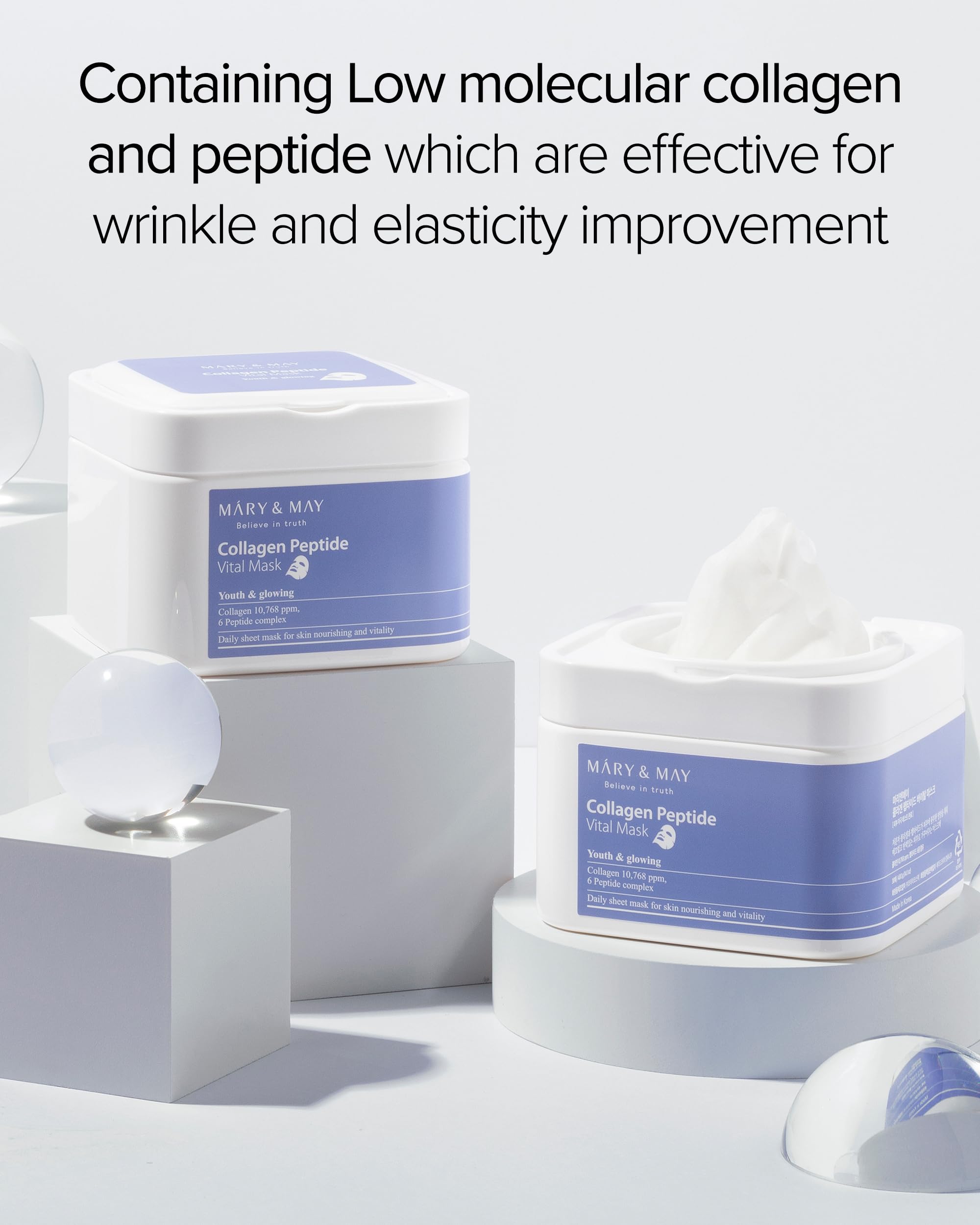 Mary&May Collagen Peptide Vital Mask face-on demonstrates gentle fit and glow.