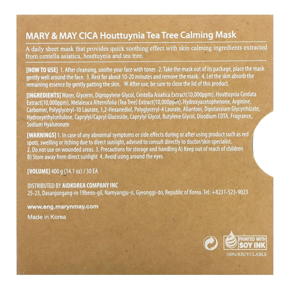 Mary&May recycled paper and soy ink packaging promotes sustainability and care.