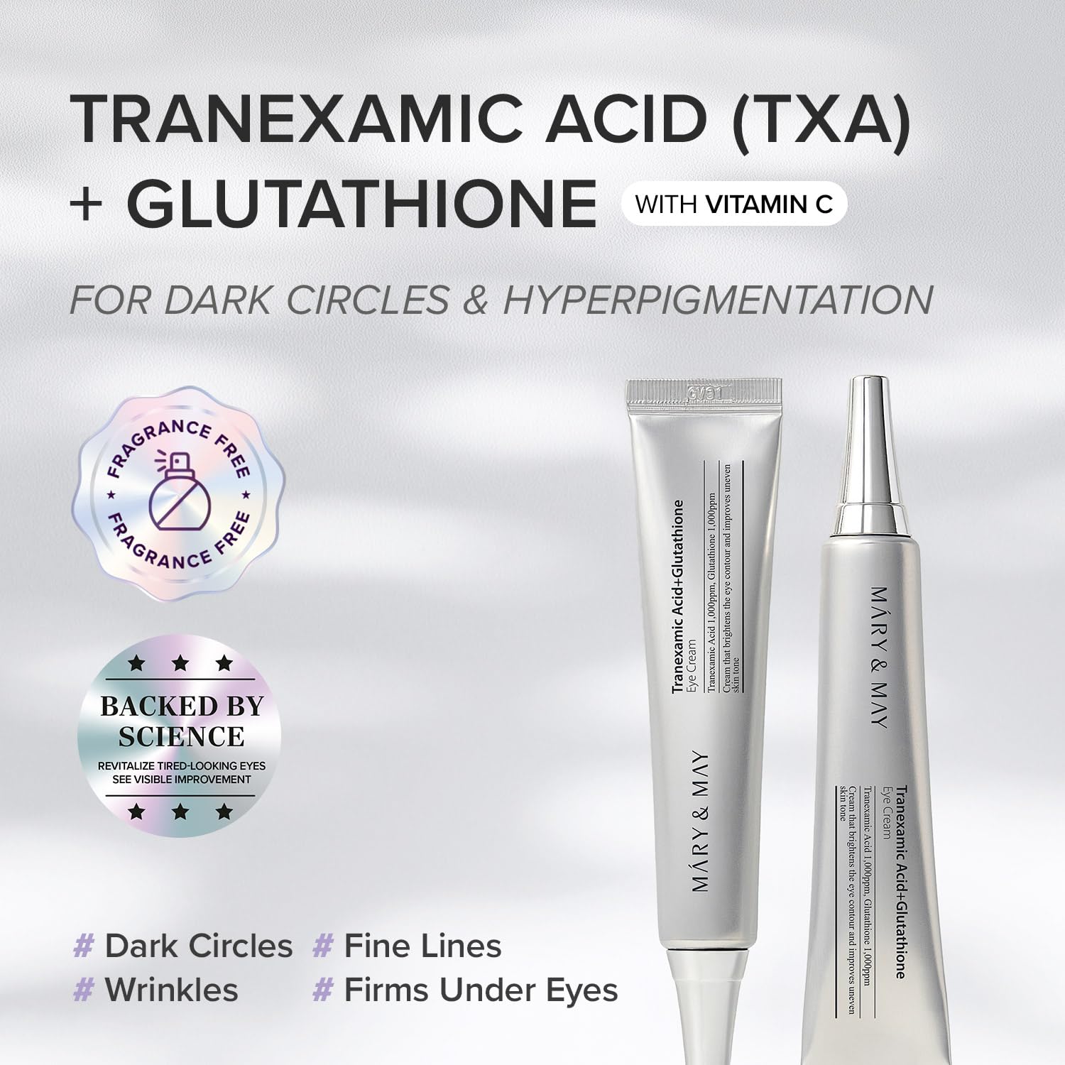 Mary&May Glutathione under-eye cream texture close-up reveals creamy, hydrating formula.