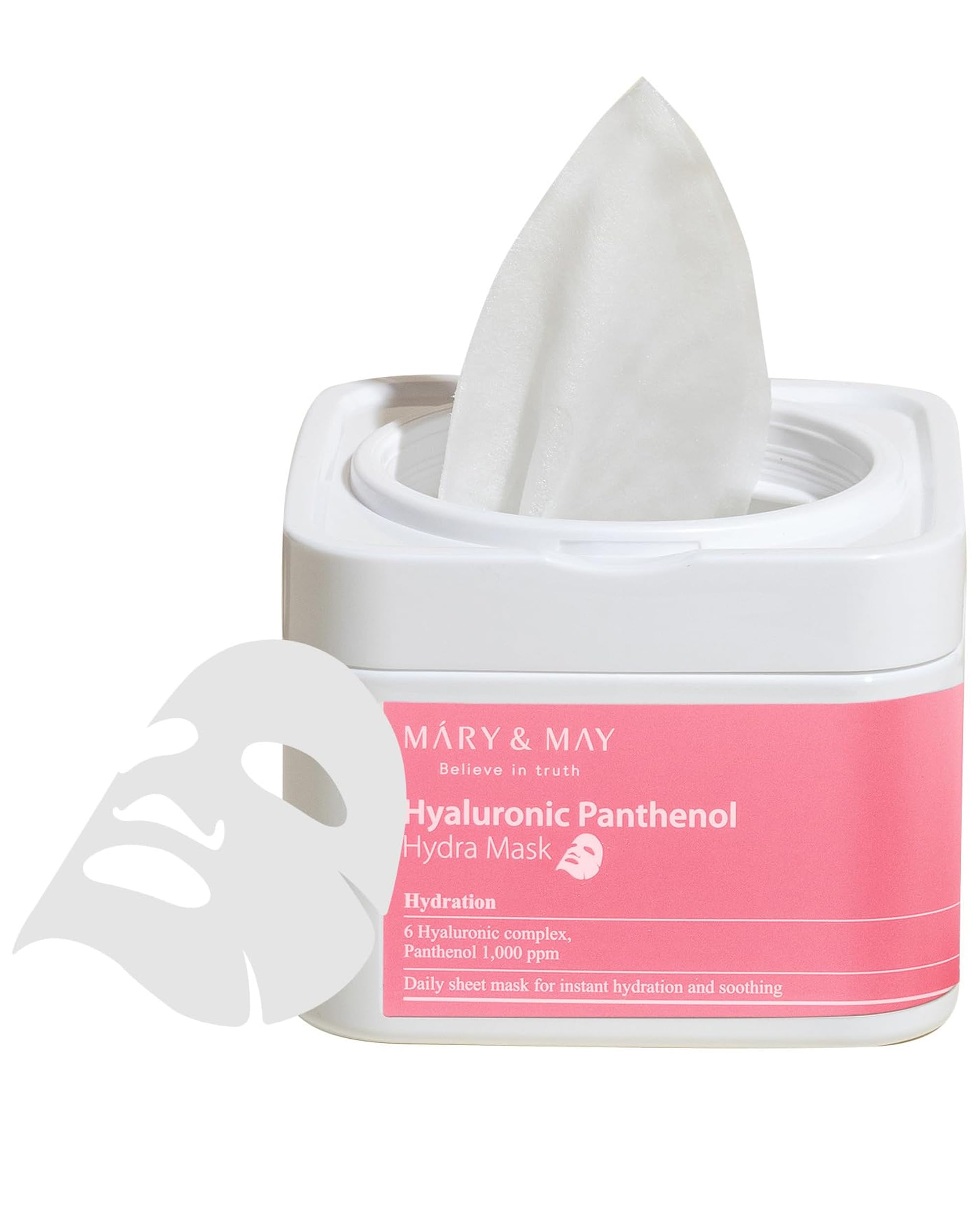 Mary&May Hyaluronic Panthenol Hydra Mask packaging with seal highlights hygienic, fresh sheet delivery for hydration.