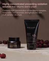 Mary&May Idebenone Blackberry Cream bottle on vanity suggests daily antioxidant skincare routine.