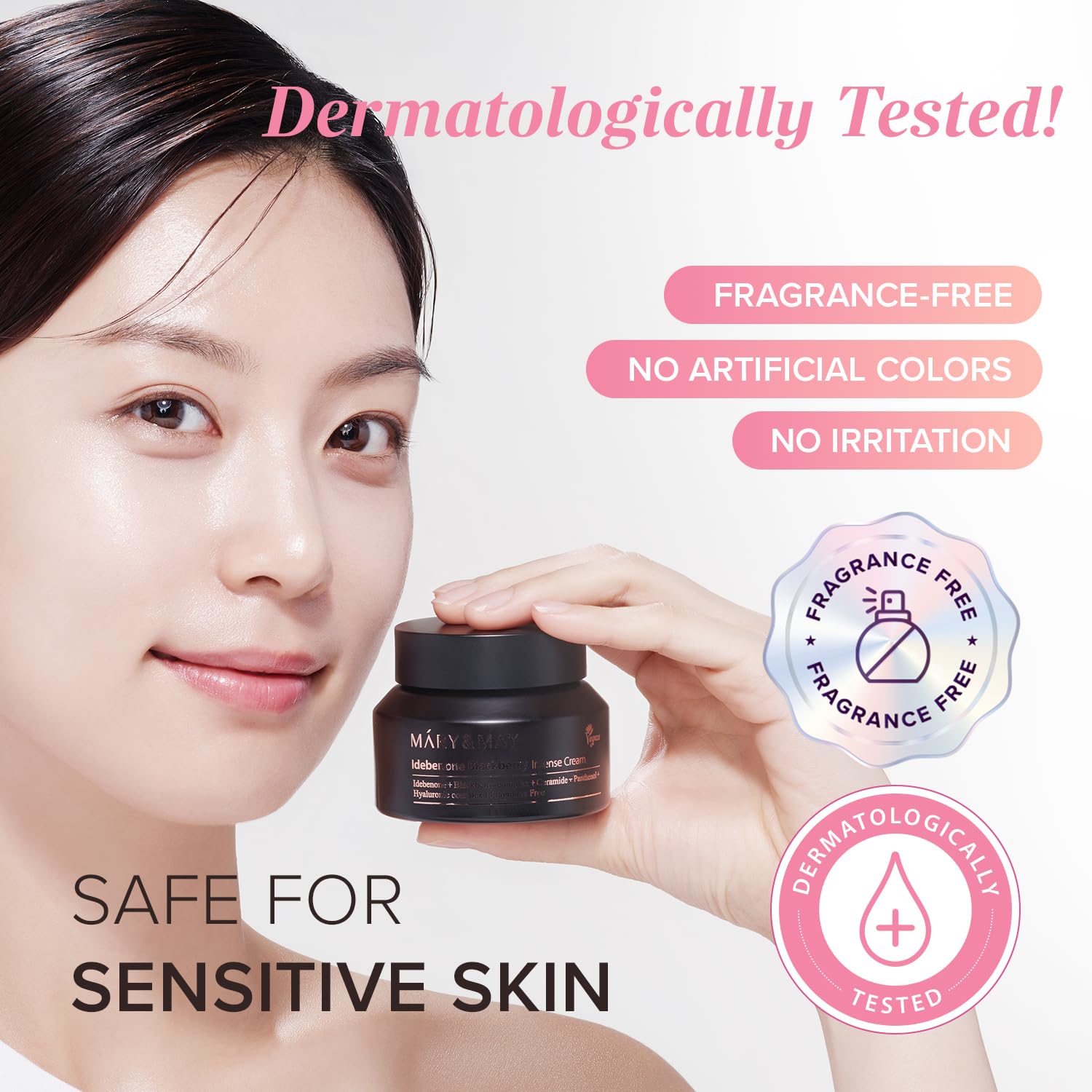 Mary&May Idebenone Blackberry Cream ingredients card highlighting ceramides and hyaluronic acid