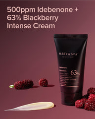 Mary&May Idebenone Blackberry Cream texture swirl emphasizes luxurious hydration and skin-nourishing feel.