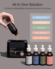 Mary&May Premium Idebenone Blackberry Complex dispenser action demonstrates quick, hygienic skincare routine.