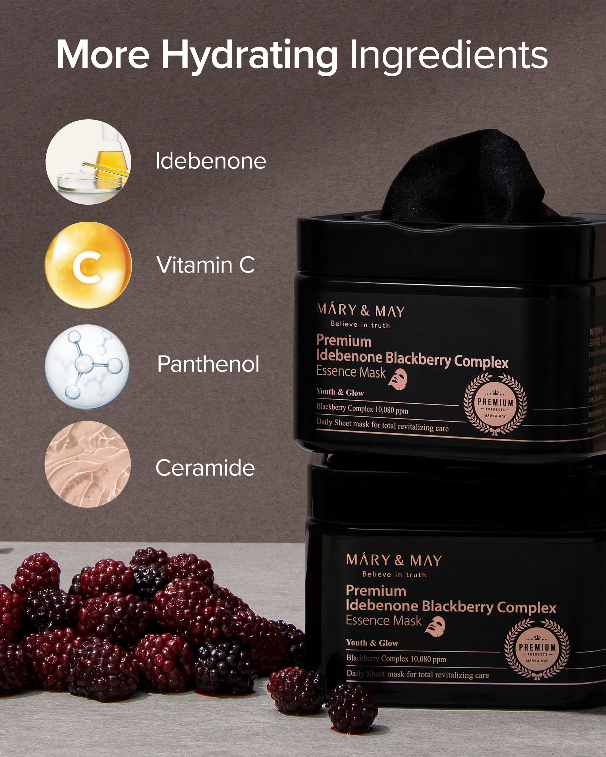 Mary&May Premium Idebenone Blackberry Complex mask applied for a refreshed, radiant complexion.