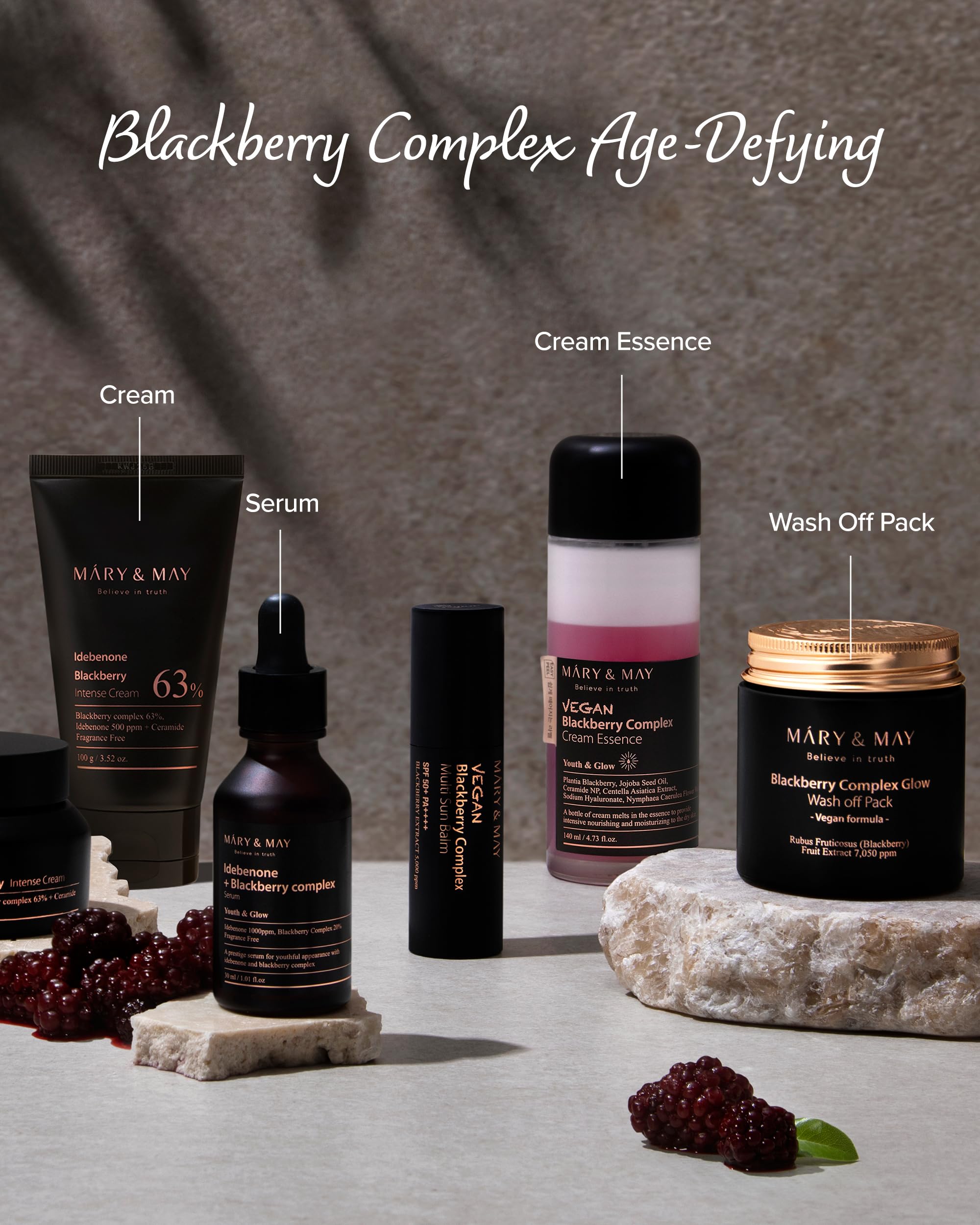 Mary&May Premium Idebenone Blackberry Complex vegan, cruelty-free packaging reflects clean beauty commitment.