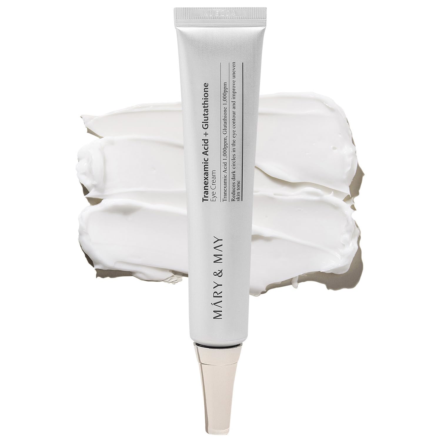 Mary&May Tranexamic Acid Eye Cream tube glides smoothly for brighter under-eye skin.