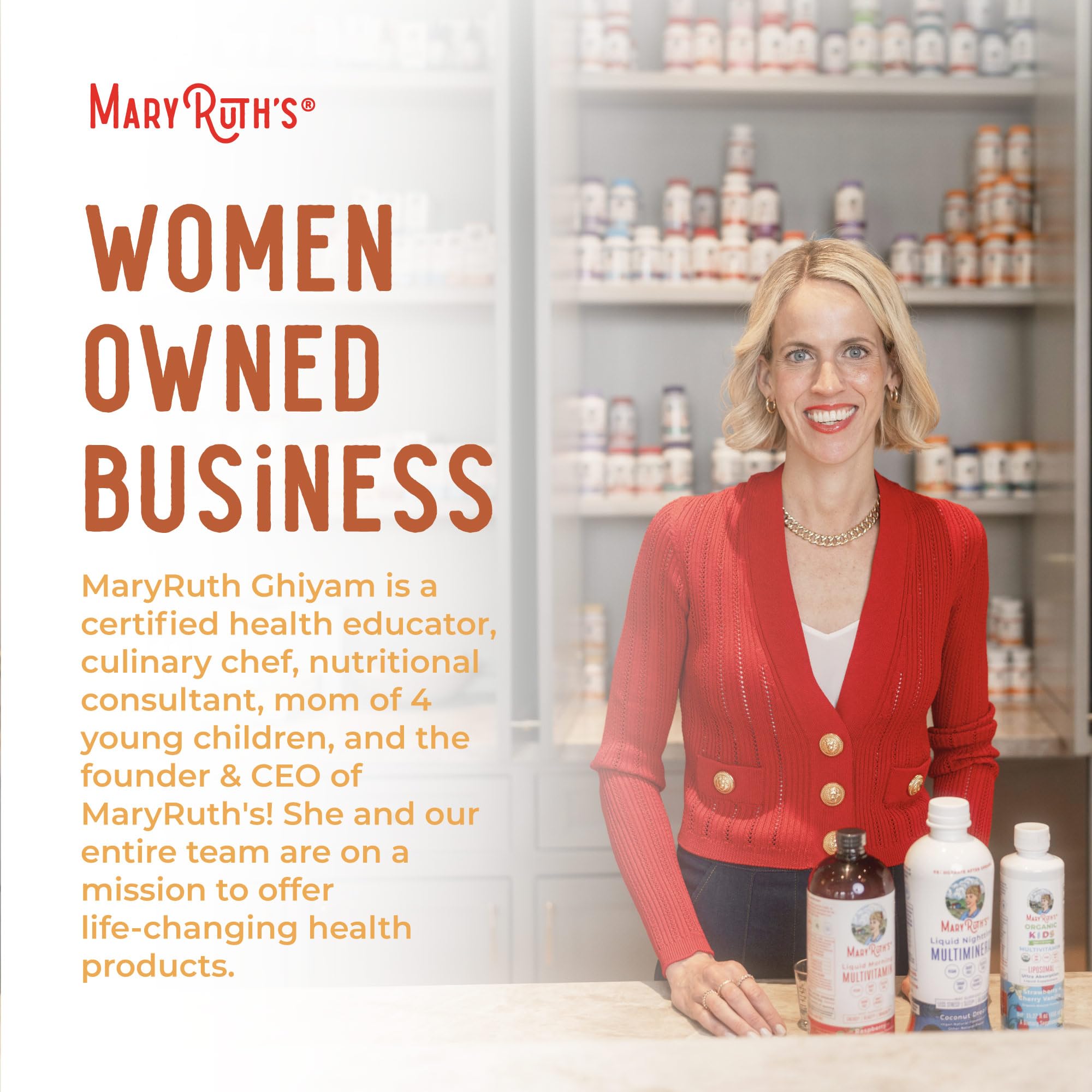 MaryRuth Organics certification logos GMP and B Corp featured on packaging.