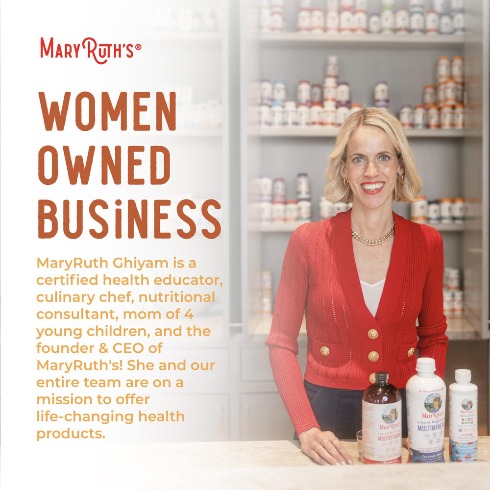 MaryRuth Organics certification logos GMP and B Corp featured on packaging.