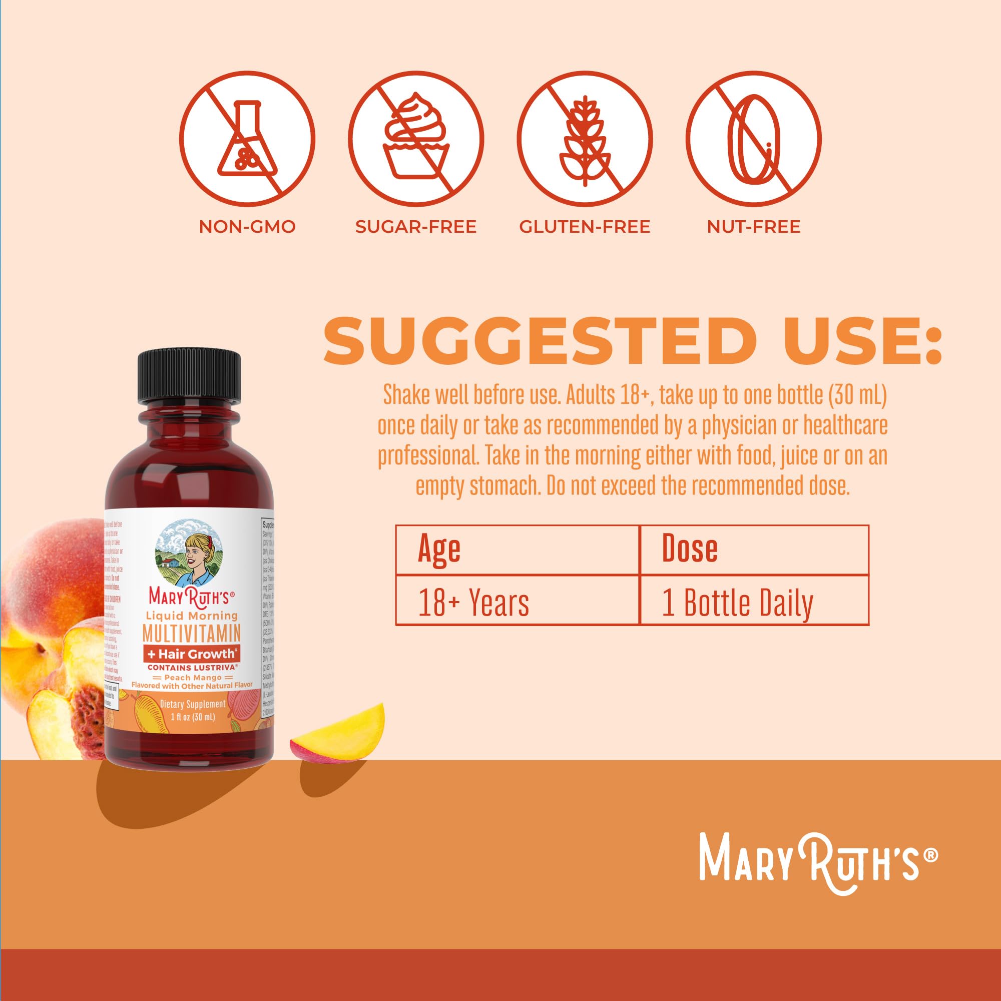 MaryRuth Organics Lustriva hair-growth formula bottle highlights potential thicker hair when used daily