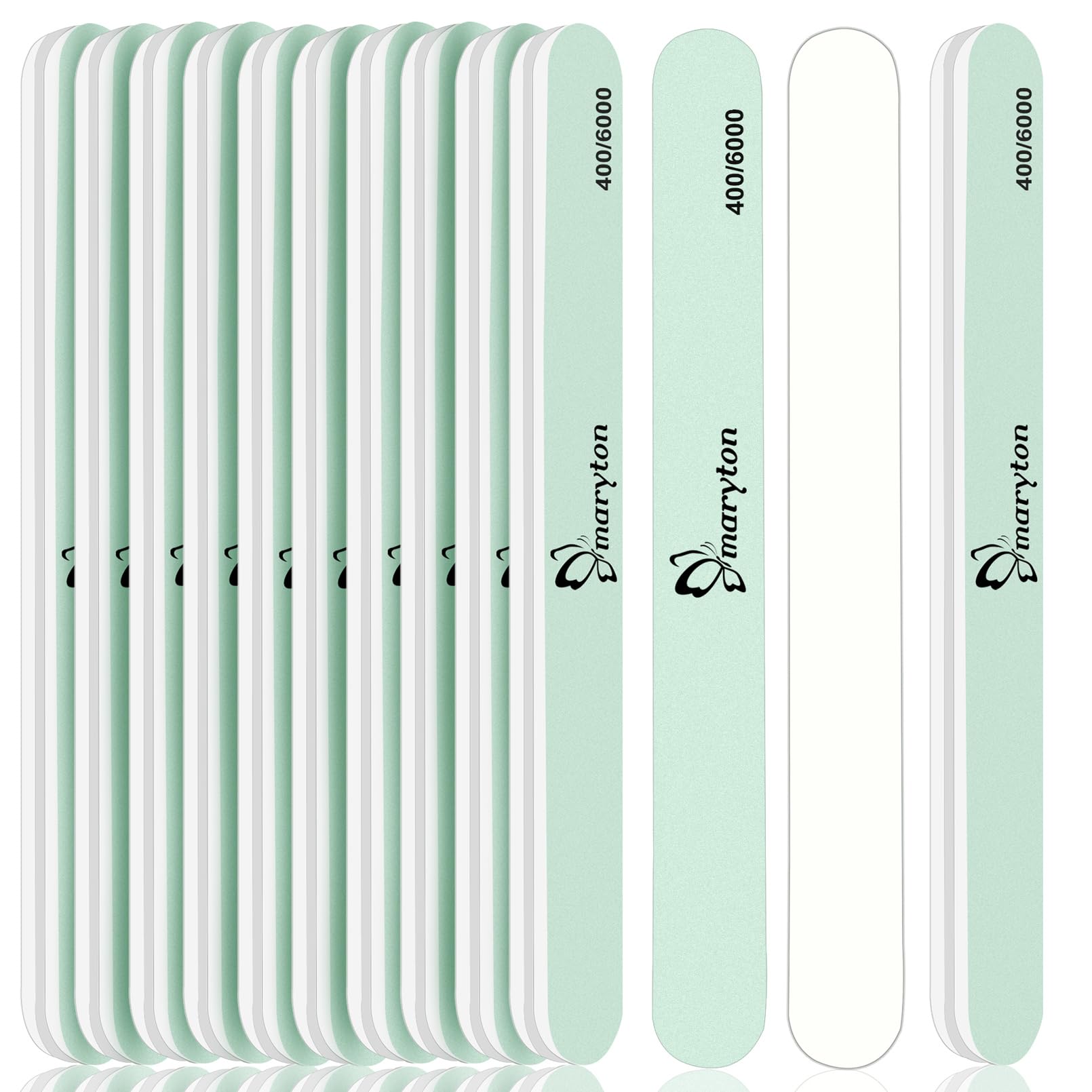 Maryton nail buffer green 400 grit smooths the nail surface for prep.