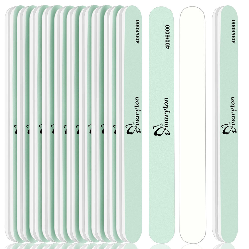 Maryton nail buffer green 400 grit smooths the nail surface for prep.