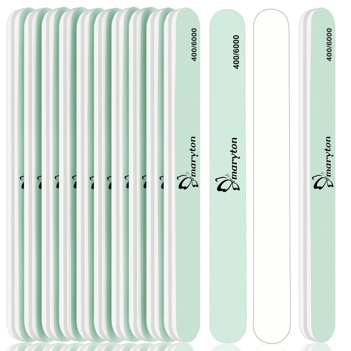 Maryton nail buffer green 400 grit smooths the nail surface for prep.