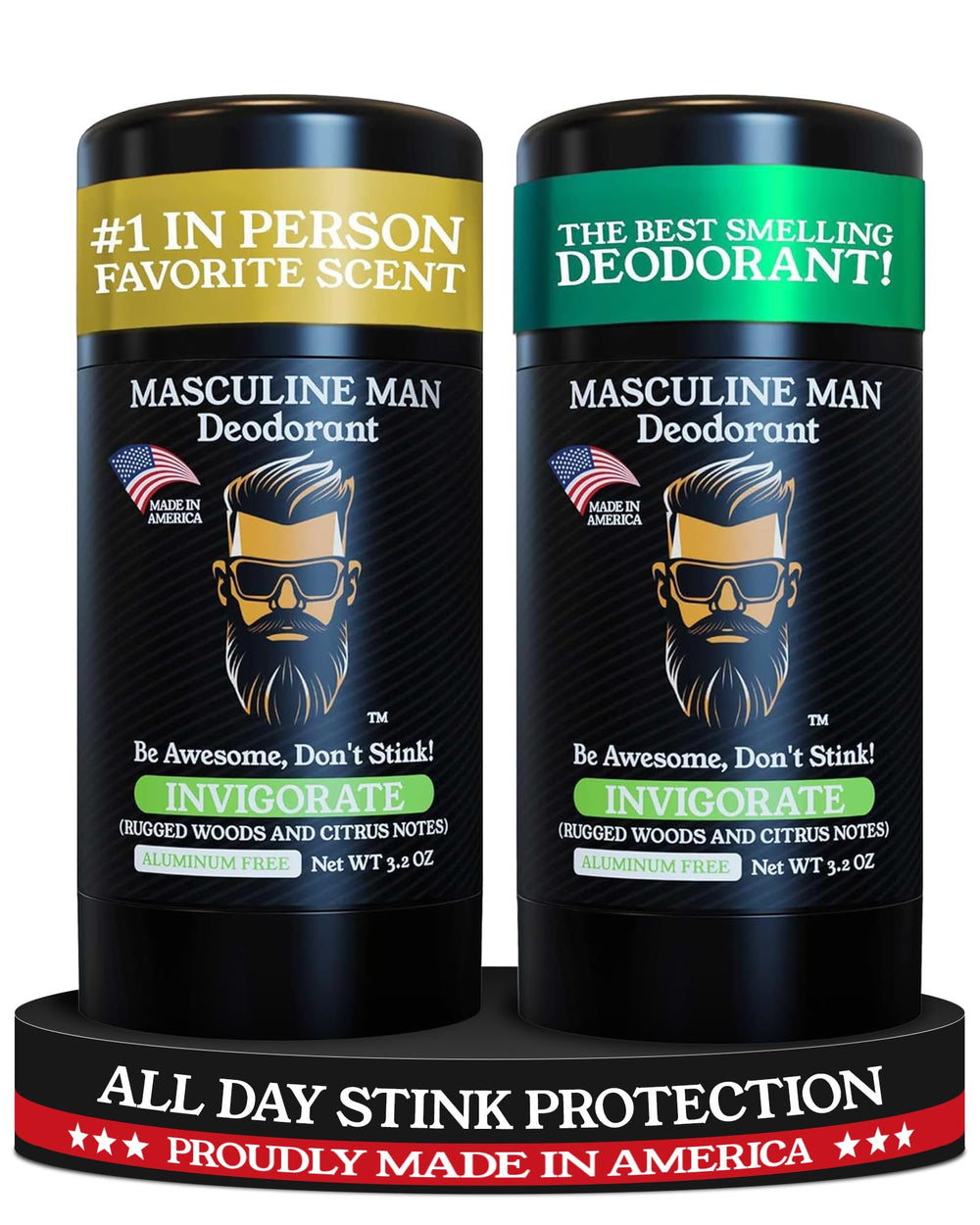MASCULINE MAN Invigorate deodorant stick close-up shows woodsy-citrus scent and skin-friendly formula.