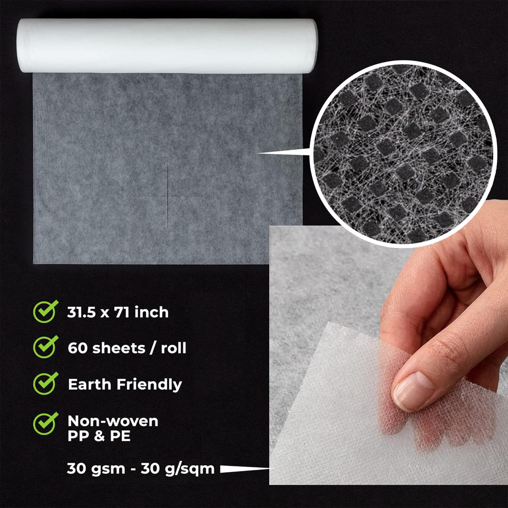 MASERTIO bed cover showing perforated tear lines for fast setup between clients.