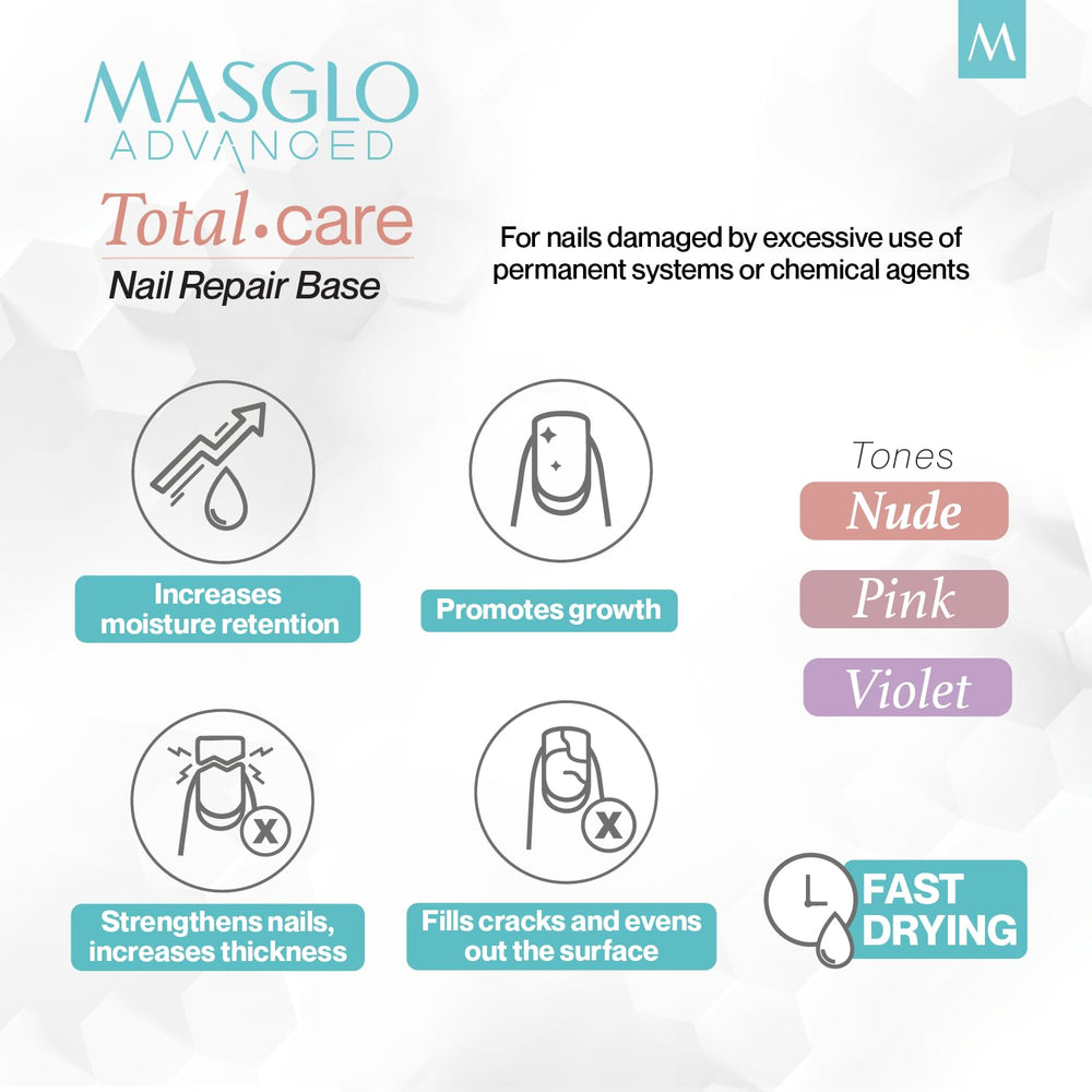 MASGLO Advanced Base Total Care fast-drying texture applied for smooth, protected nails