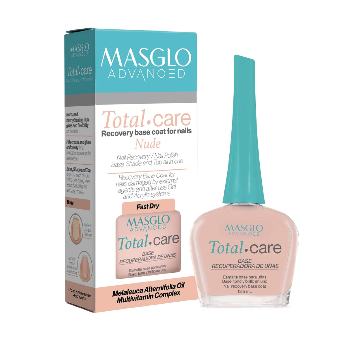 MASGLO Advanced Base Total Care bottle applying nude finish for stronger nails
