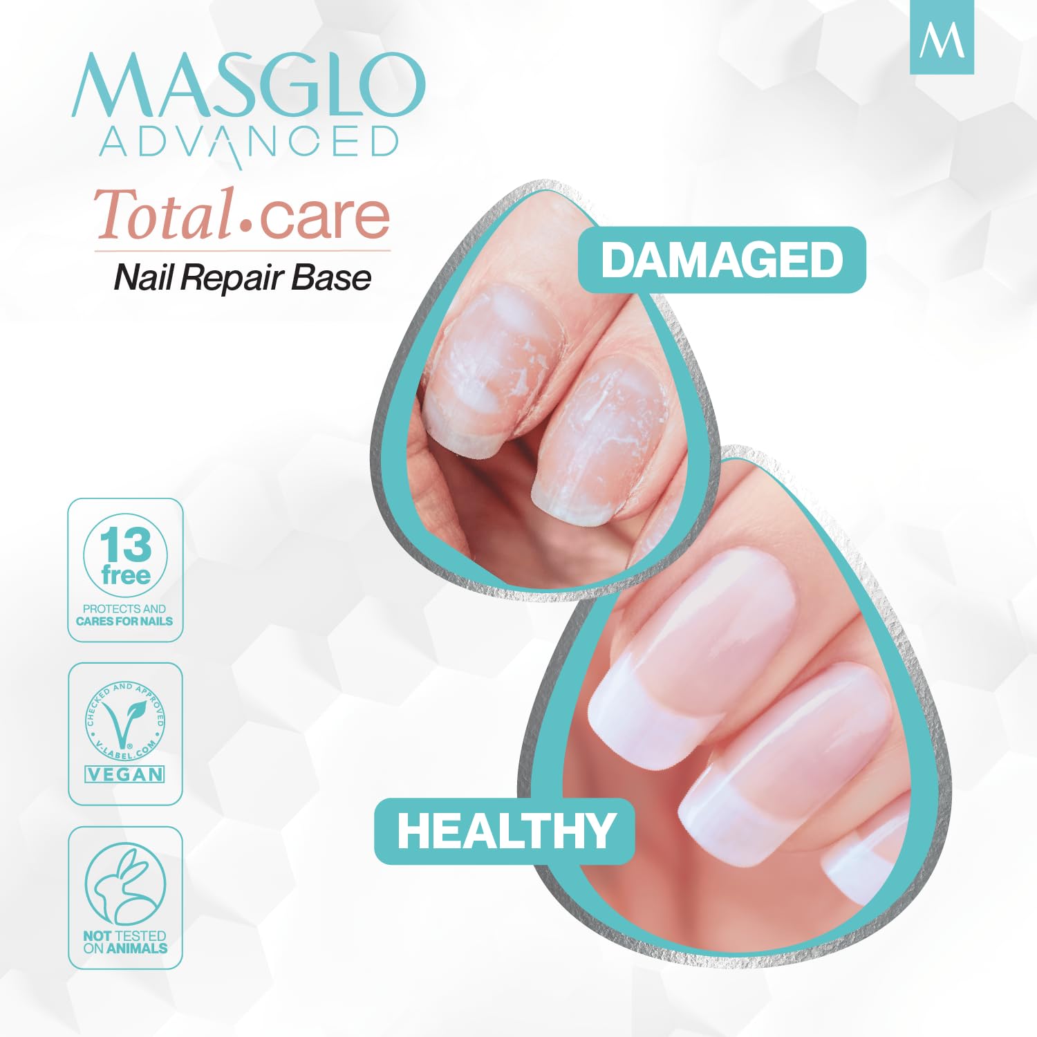 MASGLO Advanced Base Total Care nude finish with glossy hydration on nails