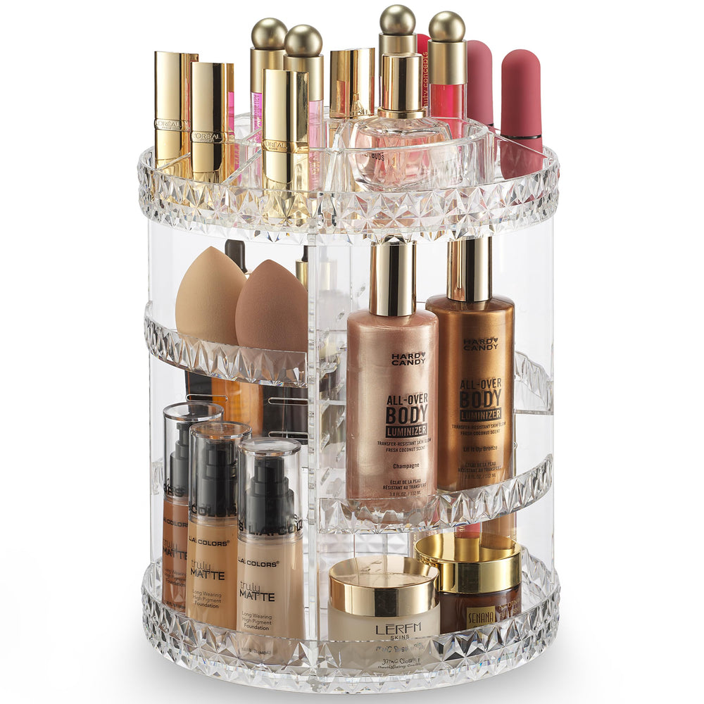 Masirs 360° rotating makeup organizer diamond design for quick, easy access on vanity