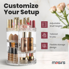 Masirs adjustable-shelf makeup organizer demonstrates height customization for tall bottles