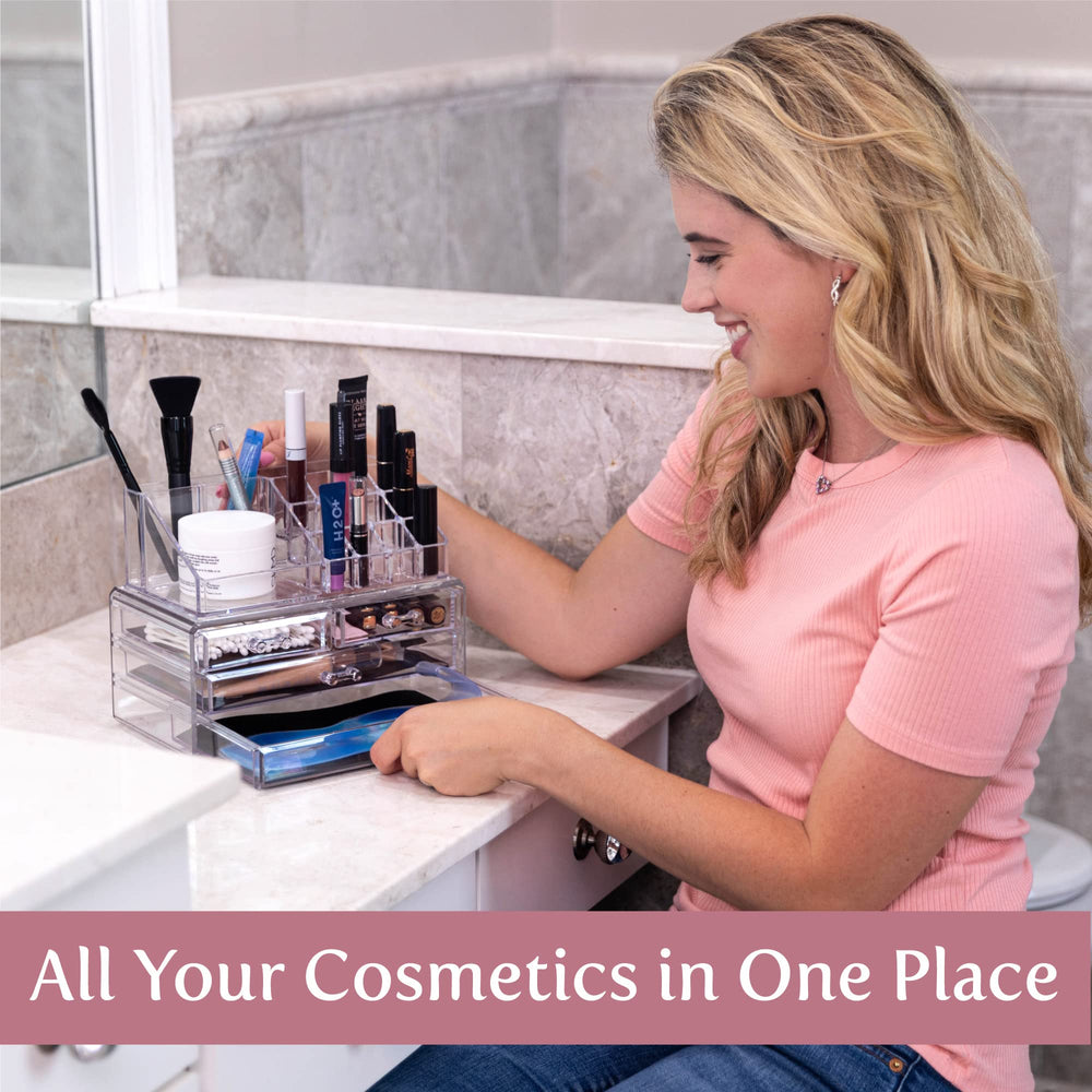 Masirs clear makeup organizer with 4 drawers keeps lipsticks, brushes, and jewelry neatly separated.