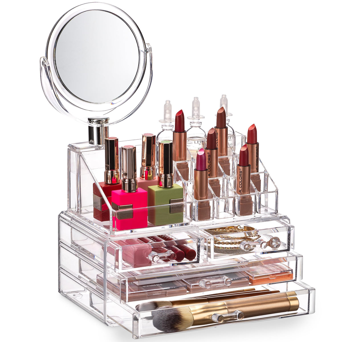 Masirs clear makeup organizer with mirror offers bright, organized vanity for precise makeup application.