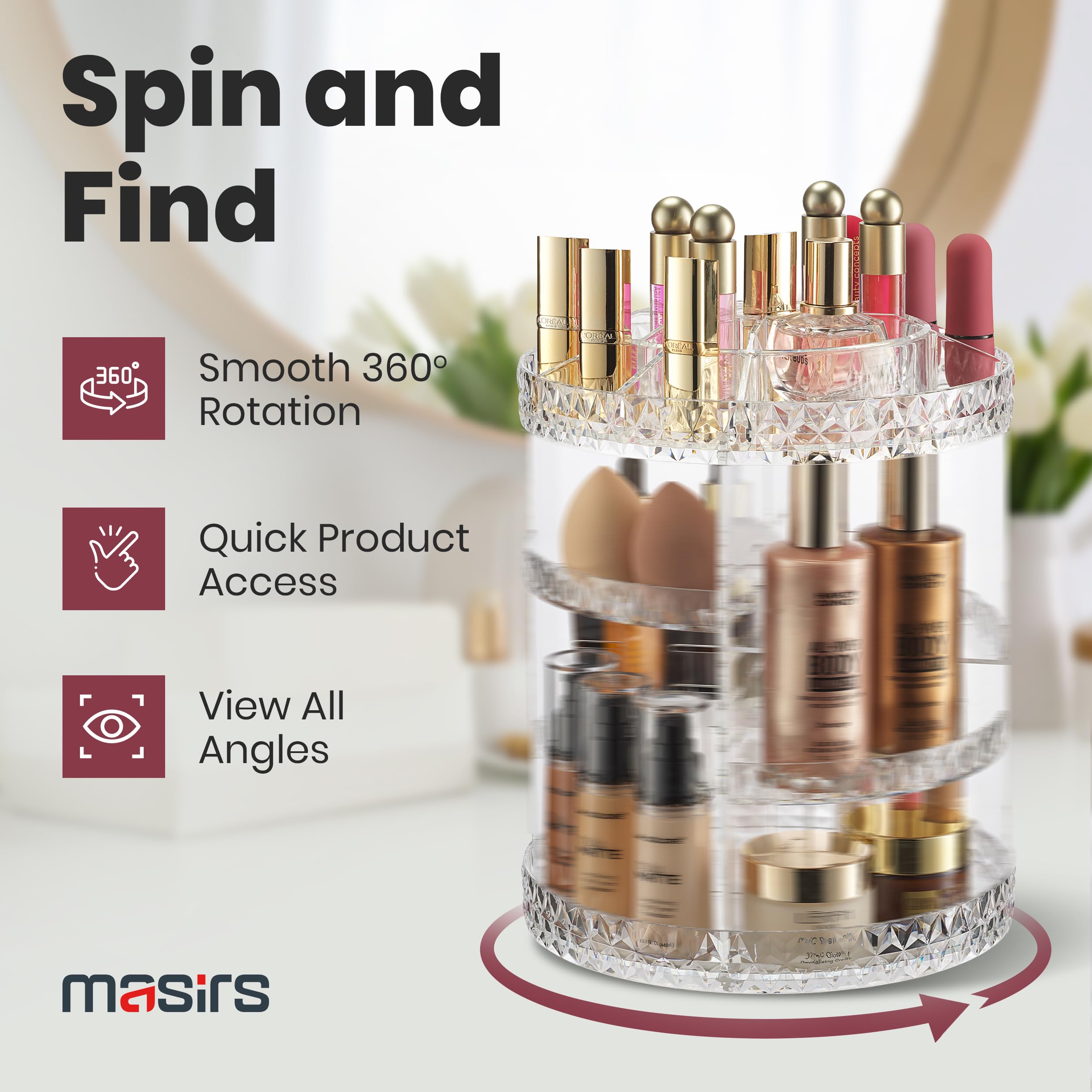 Masirs clear round makeup organizer on vanity keeps cosmetics within reach
