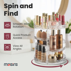Masirs clear round makeup organizer on vanity keeps cosmetics within reach