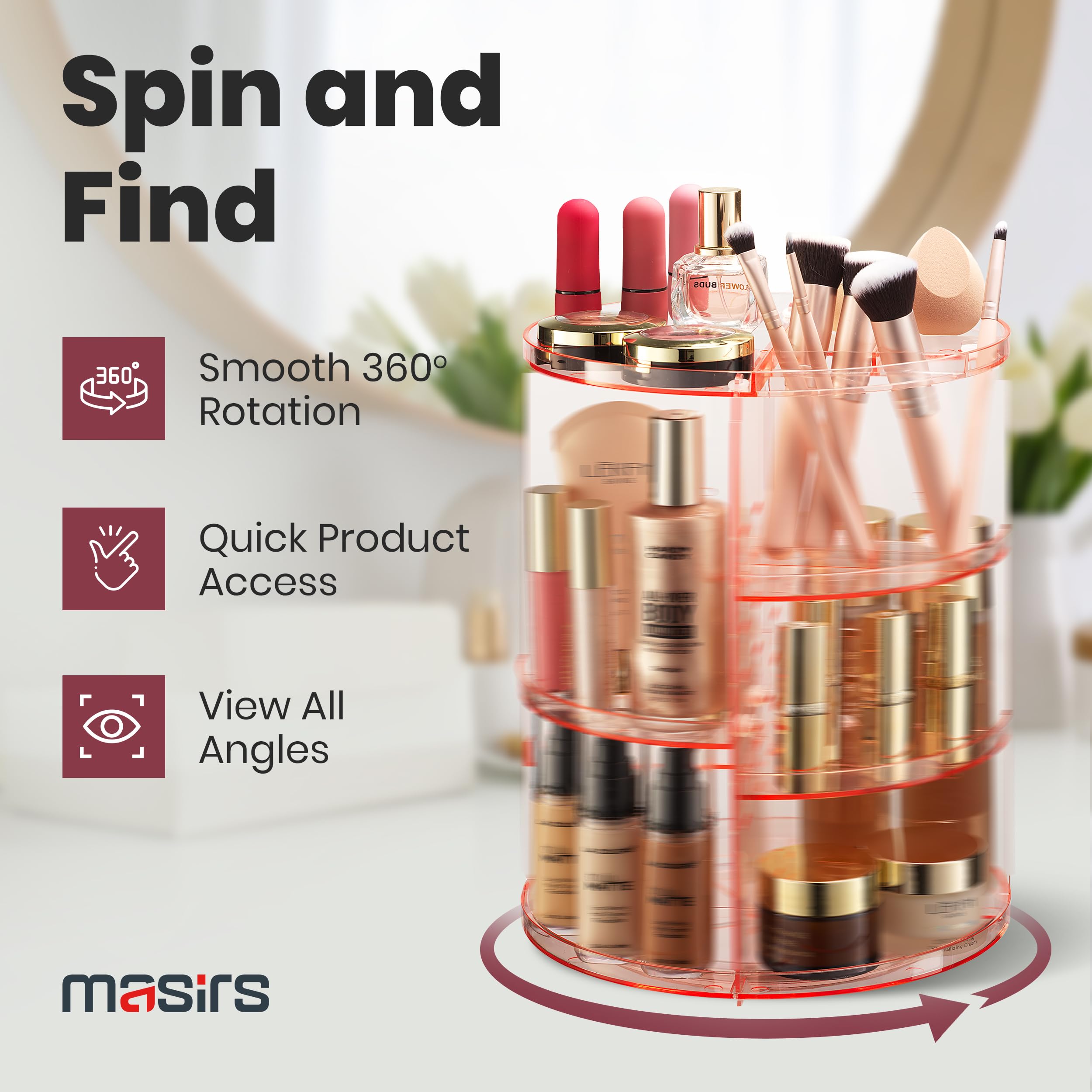 Masirs lazy-susan rotation makeup storage enables smooth 360-degree access