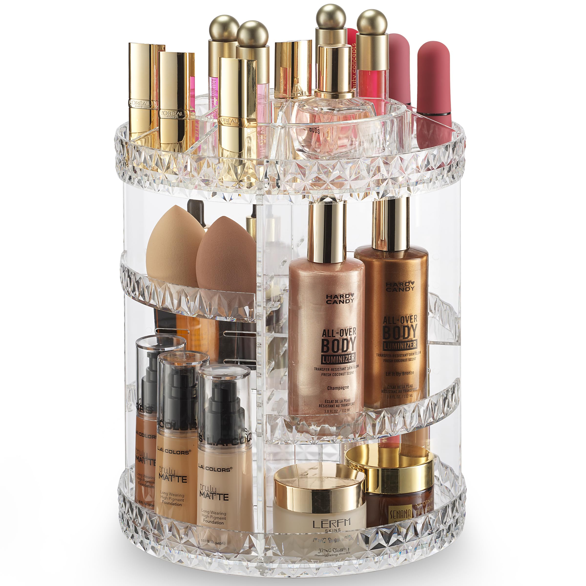 Masirs organizador maquillaje giratorio 360 diamante, acceso rápido a tus cosméticos favoritos en tu tocador.