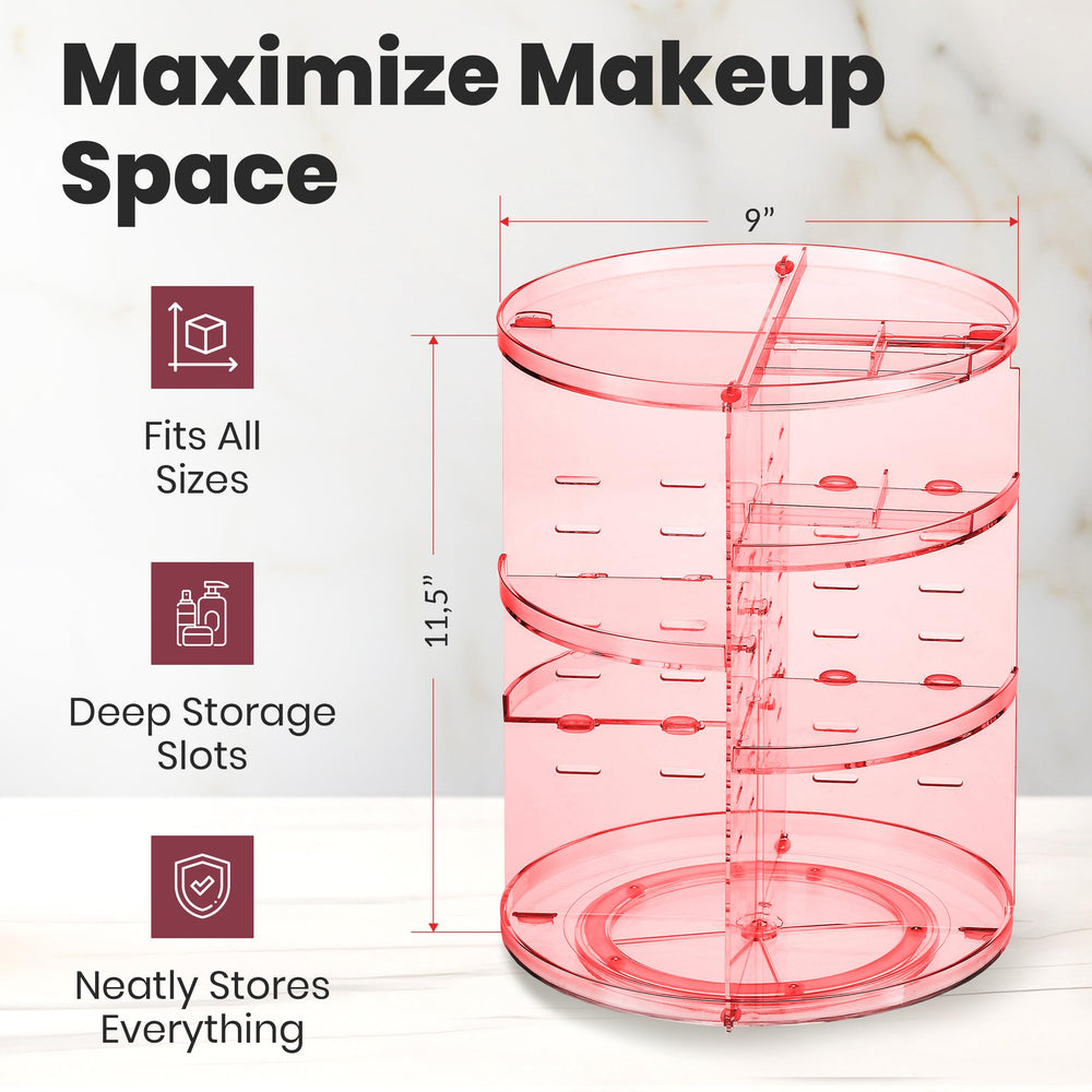 Masirs pink rotating makeup organizer side angle view for easy reach of cosmetics