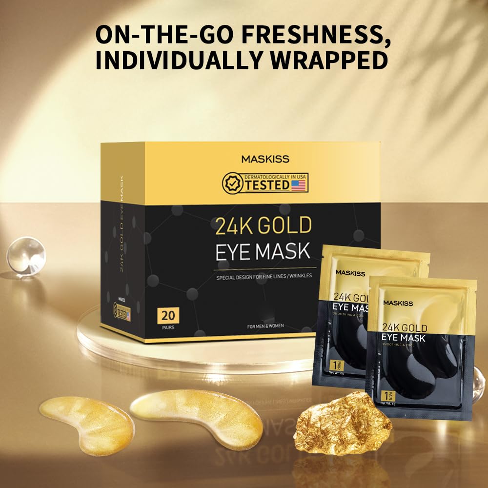 Maskiss eye patches with 24k gold glow during use for a refreshed appearance