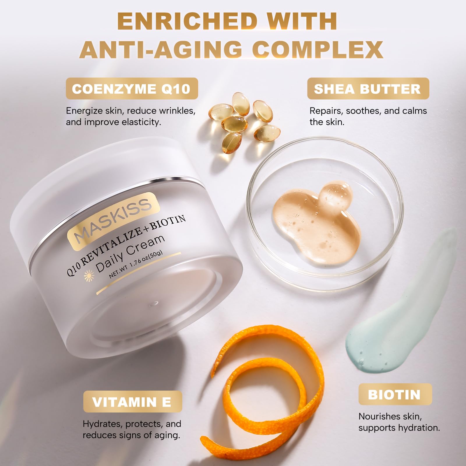 Maskiss Coenzyme Q10 close-up emphasizes antioxidant support for skin vitality.