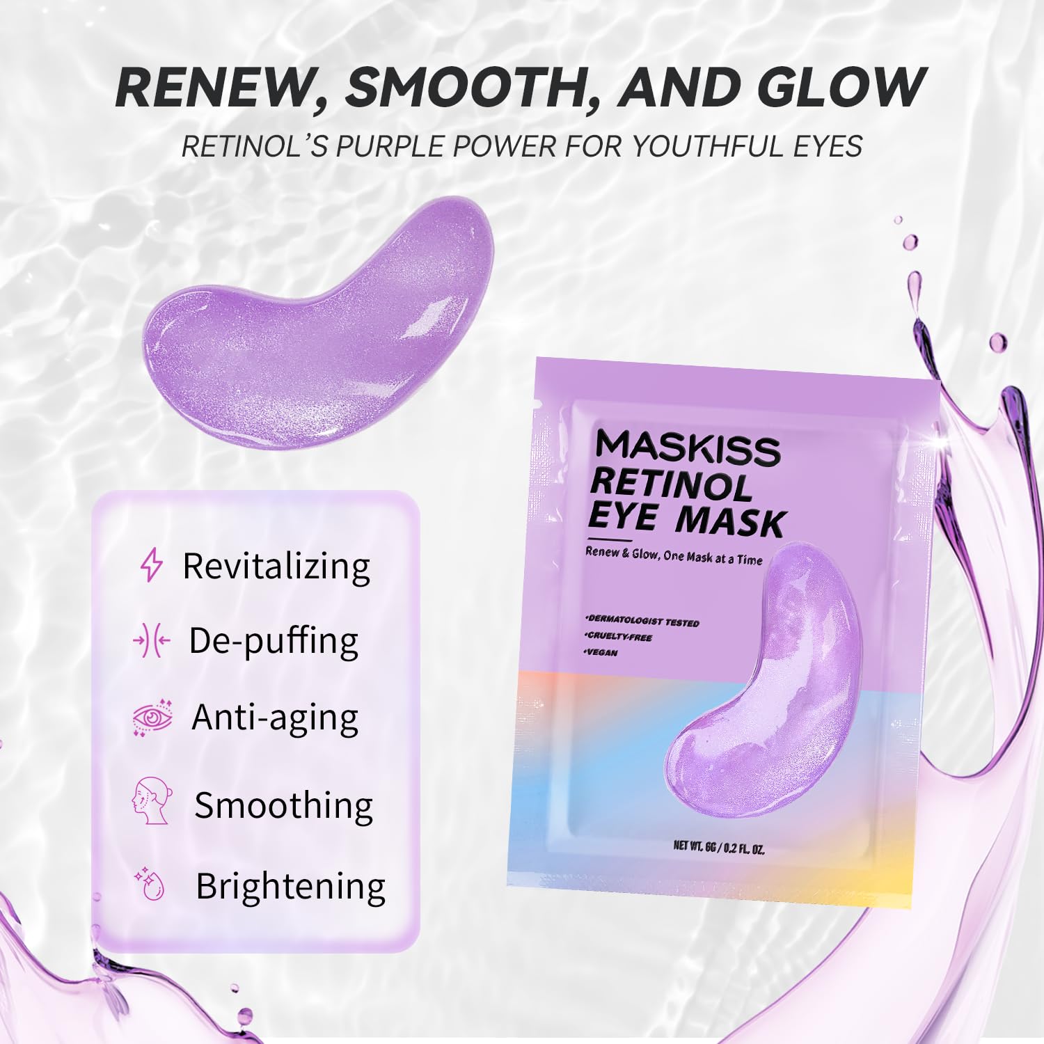 Maskiss Retinol Under-Eye Patches close-up highlights patch texture for smooth nightly use.