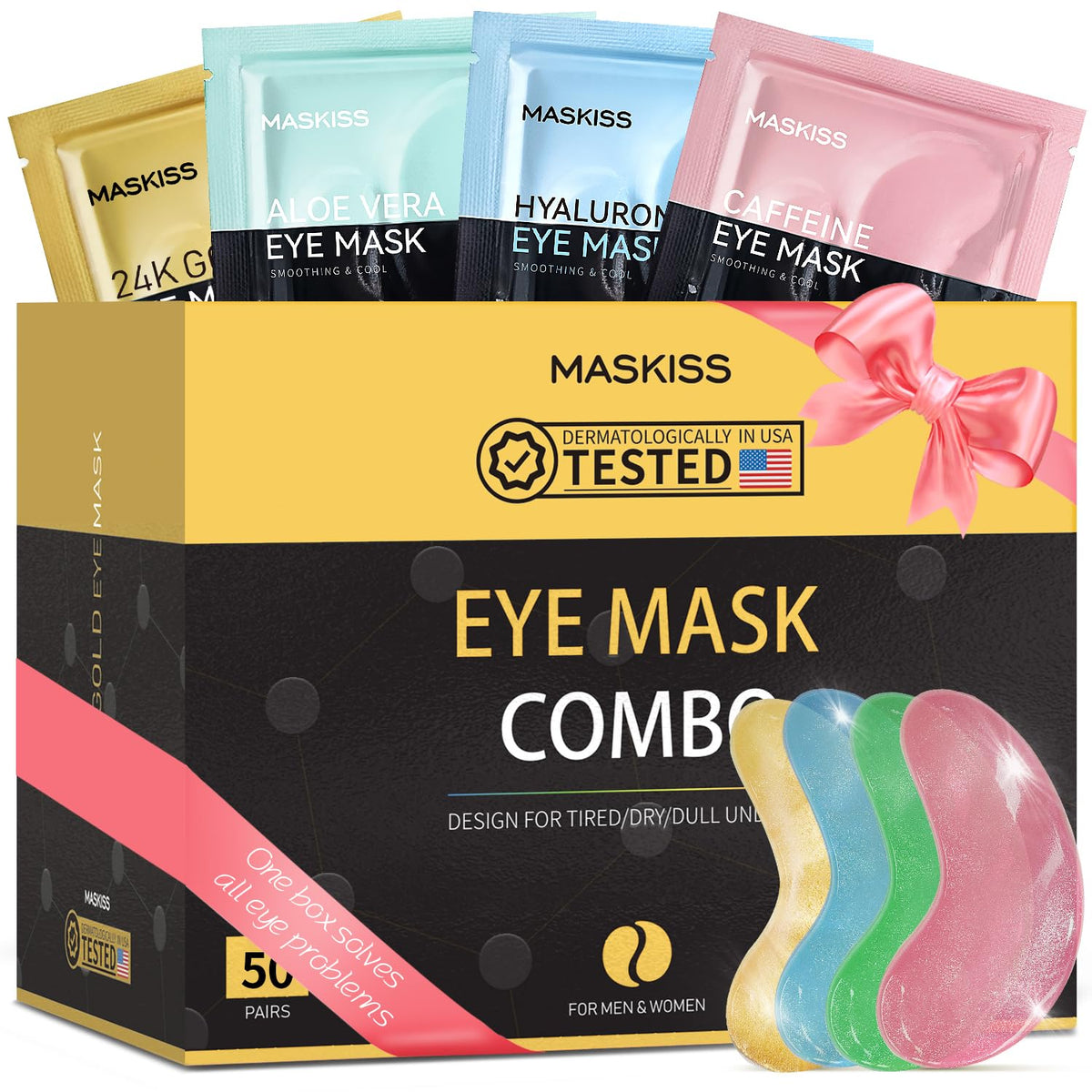 Maskiss under-eye patches with 24K gold for smoother, brighter under-eye skin.